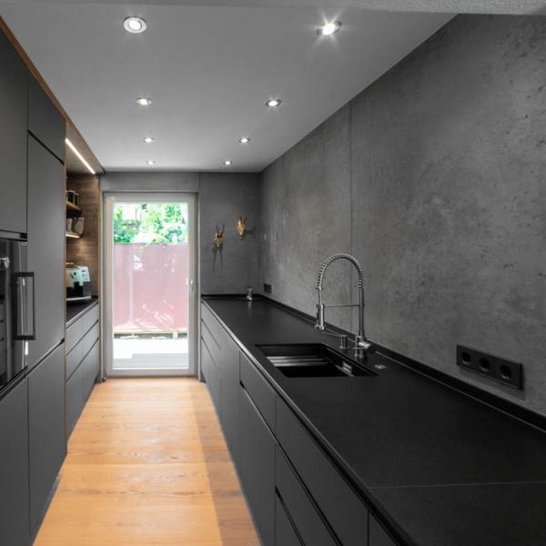 Küche Linoleum grau Altholz